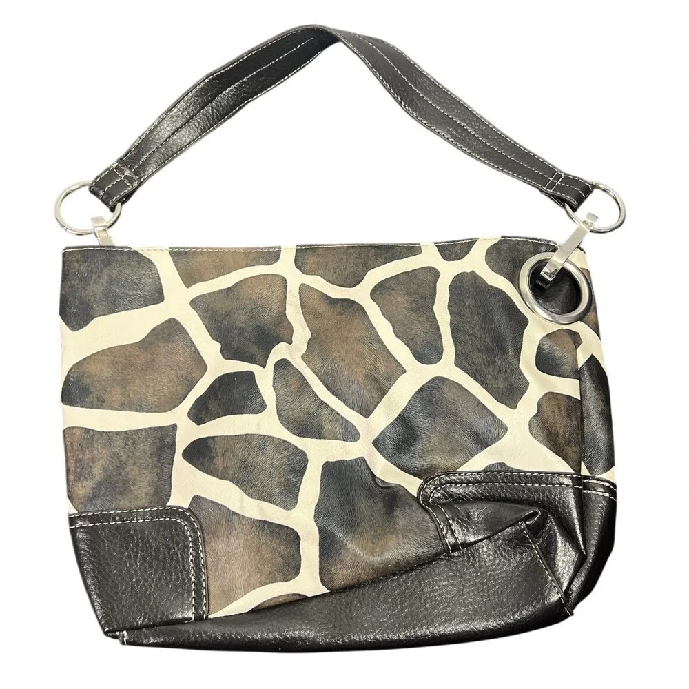 Vintage Giraffe Print Faux Fur Black Leather Hobo Shoulder Bag Handbag Purse Y2K